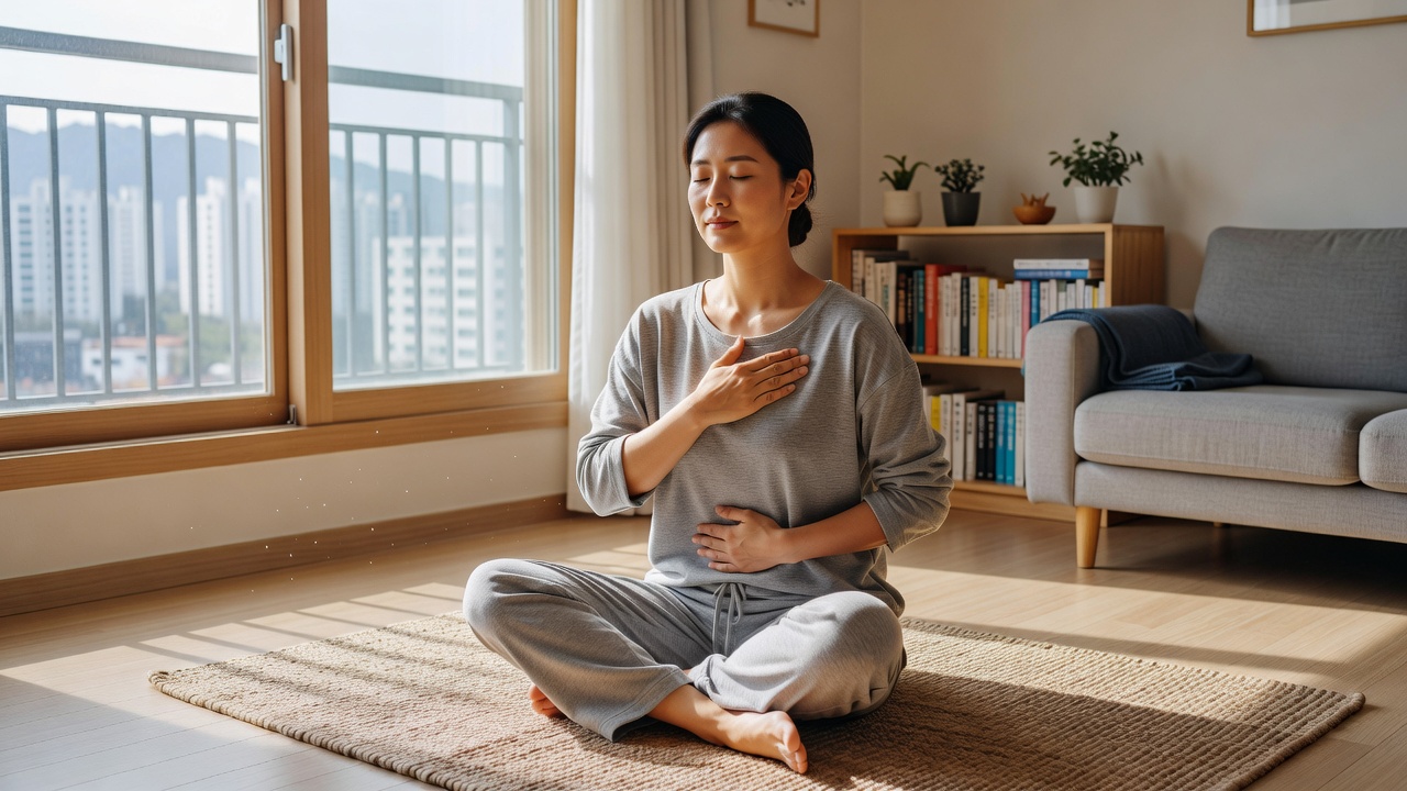스트레스 관리 호흡법의 기본 원리를 보여주는 편안한 호흡 자세