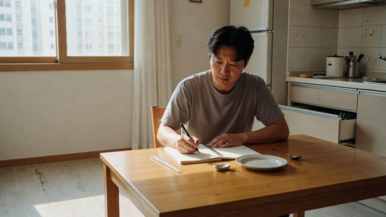 스트레스성 과식 관리의 기본 이해를 돕는 감정 기록 장면