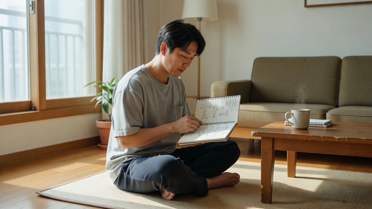 홈트레이닝 근력 계획의 기본 원칙을 확인하는 모습