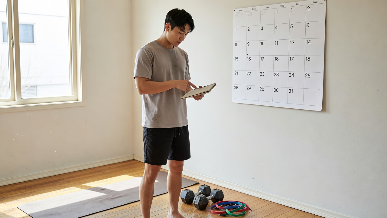 주 3회 홈트레이닝 12주 계획의 전체 목차를 시각화한 홈트레이닝 준비 공간